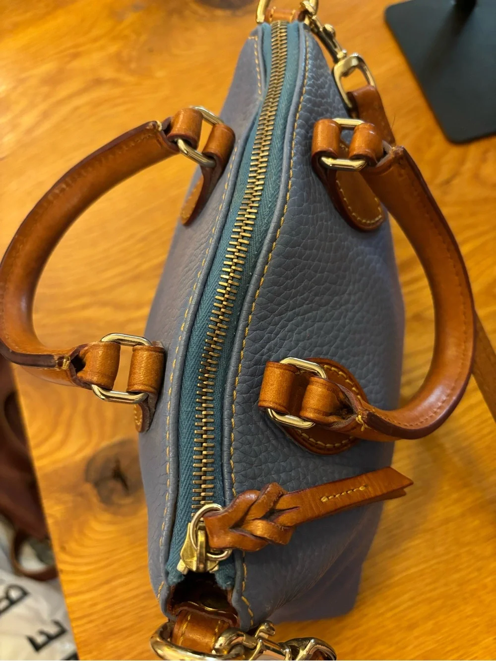 Dooney & Bourke Blue Pebbled Satchel with Tan Trim